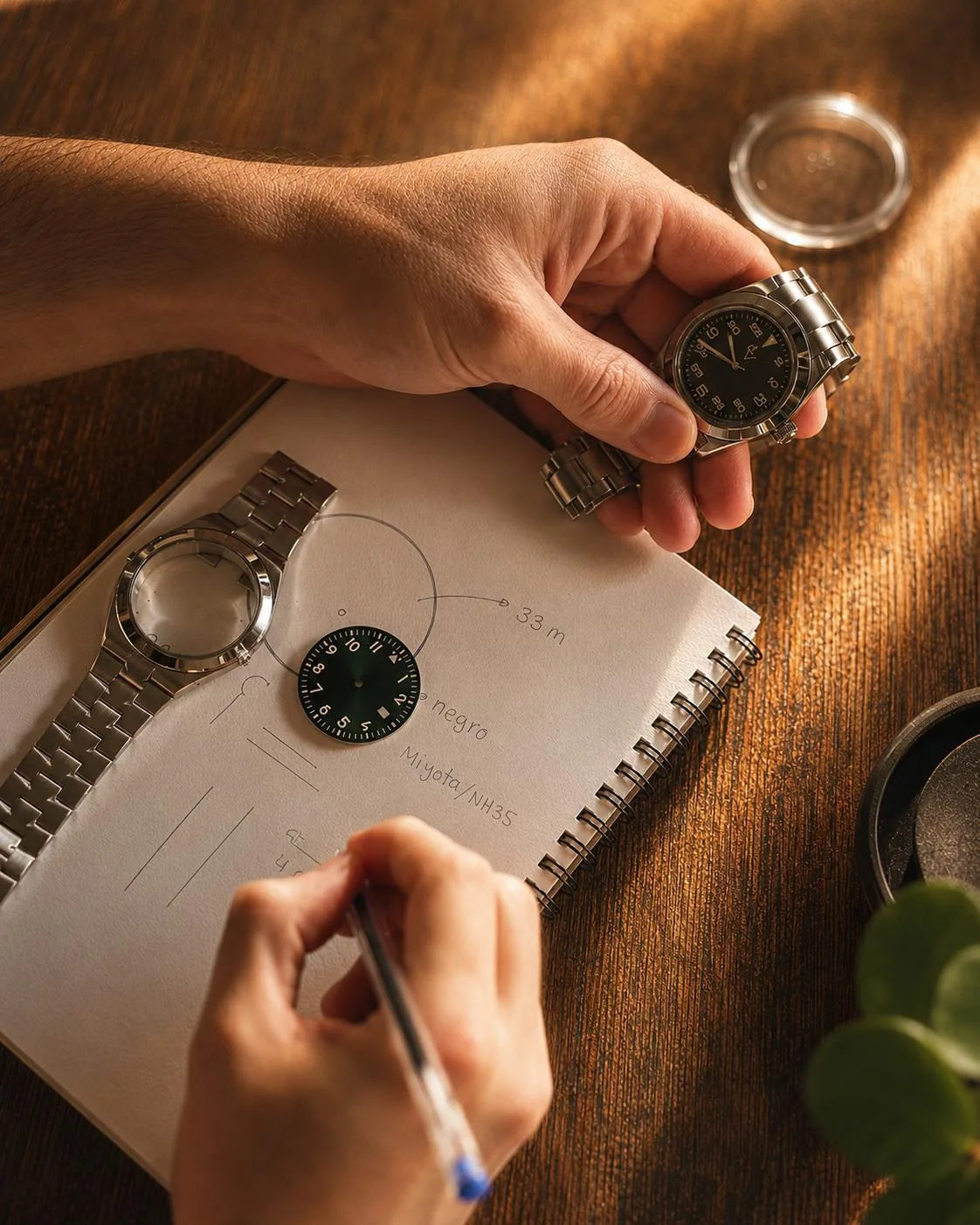 Manos dibujando el diseño de un reloj de la uVe sobre una mesa de madera