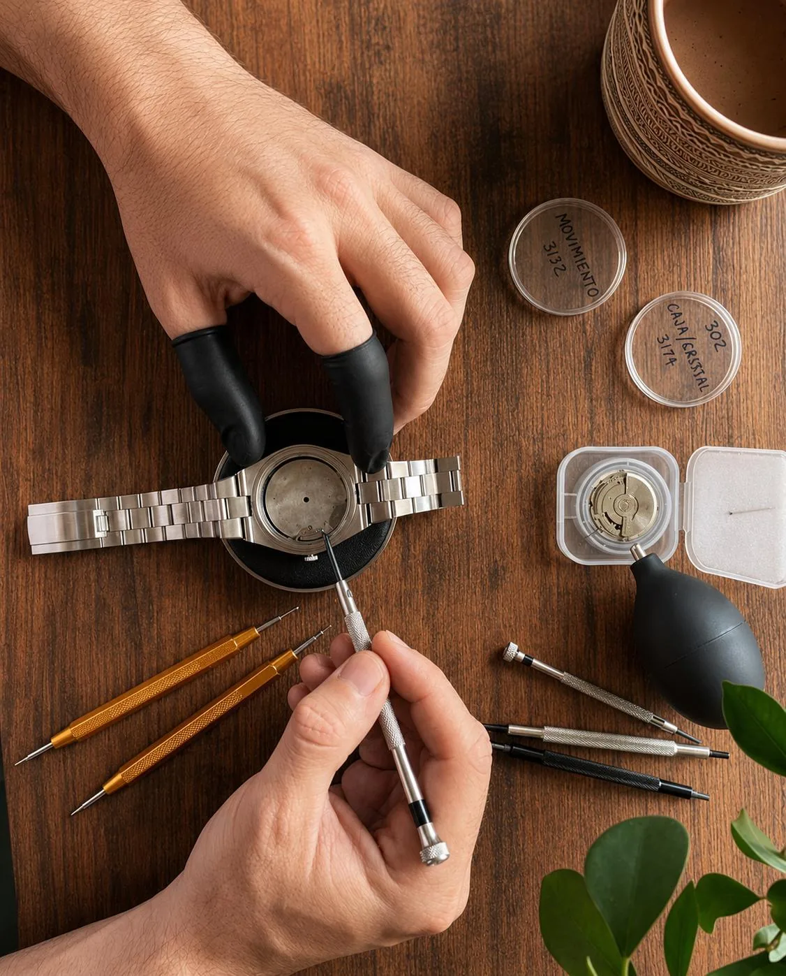 Manos montando un reloj de la uVe en el taller